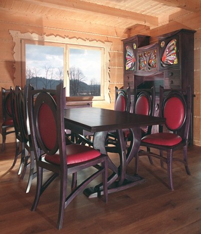Meble drewniane dębowe na wymiar unikatowy stół z krzesłami do jadalni, kredens z witrażami. #1162